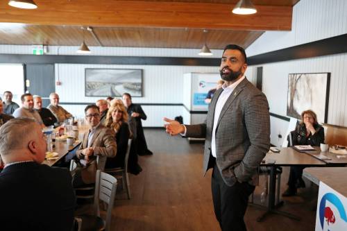 Obby Khan, leader of the Manitoba Progressive Conservative party, speaks during a fundraising breakfast held by Brandon West MLA Wayne Balcaen at The Eagles Nest Bar and Grill in Brandon on Friday morning. (Photos by Tim Smith/The Brandon Sun)