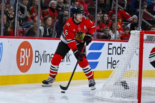 Chicago Blackhawks defenceman Connor Murphy (5) moves the puck during the first period of an NHL game against the Toronto Maple Leafs on Nov. 15, 2025, in Chicago. (AP Photo/Matt Marton)
