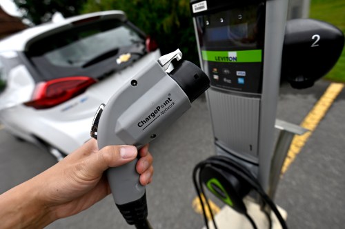 An electric vehicle charger is seen in Ottawa on June 27, 2023. THE CANADIAN PRESS/Justin Tang