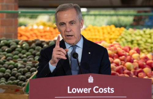 Prime Minister Mark Carney makes a point as he answers a question from media during an event at a grocery store in Ottawa on Monday, Jan. 26, 2026. THE CANADIAN PRESS/Adrian Wyld