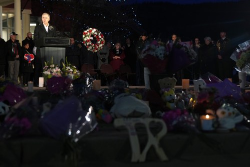 Prime Minister Mark Carney speaks while attending a vigil for the victims of a mass shooting, in Tumbler Ridge, B.C., Friday, Feb. 13, 2026. THE CANADIAN PRESS/Christinne Muschi