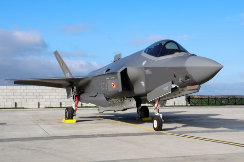 An F-35A Lightning II sits on the runway on the occasion of the first F-35 fighter jets arriving at the Florennes Airbase in Florennes, Belgium, Monday, Oct. 13, 2025 (AP Photo/Geert Vanden Wijngaert)