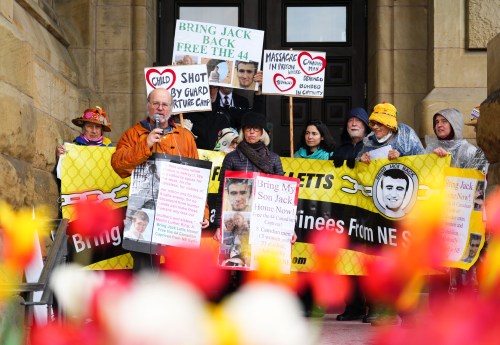 Sally Lane, middle, mother of Jack Letts, stands on the steps of the Prime Minister’s Office in Ottawa on Thursday, May 19, 2022. THE CANADIAN PRESS/Sean Kilpatrick