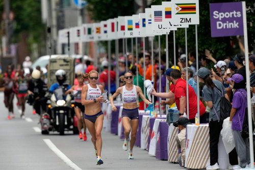 FILE - United States' Susanna Sullivan, left, and United States' Jessica McClain race in the women's marathon at the World Athletics Championships in Tokyo, Sept. 14, 2025. (AP Photo/Hiro Komae, File)