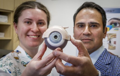 Ukrainian eye surgeon Dr. Pavla Ivaniuta, left, and Dr. Karim Punja hold a model of an eyeball at the Orbit Eye Centre in Calgary, Wednesday, Feb. 18, 2026. THE CANADIAN PRESS/Jeff McIntosh