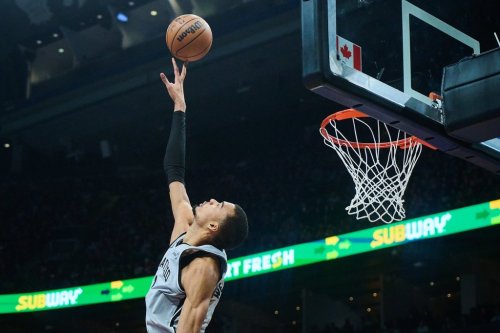 San Antonio Spurs' Victor Wembanyama (1) jumps to block a shot during first half NBA basketball action against the Toronto Raptors in Toronto, on Wednesday, Feb. 25, 2026. THE CANADIAN PRESS/Sammy Kogan
