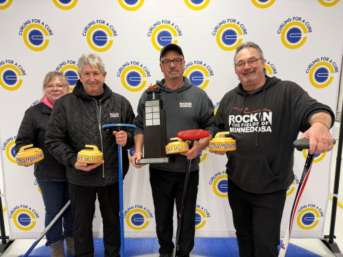Team Rockin' the Fields of Minnedosa won the 2026 Curling for a Cure Minnedosa bonspiel, which raised nearly $50,000 over the weekend. The team players are Kathy Smith (from left), Barry Coutts, Richard Betteridge and Darcy Bialas. (Supplied)