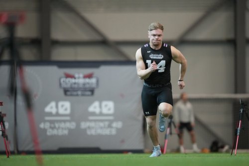 Liam Talbot, a running back with the Windsor Lancers,is shown in this handout photo running the 40-yard dash at the CFL invitational combine in Waterloo, Ont., on Friday, March 6, 2026. He posted the fastest time at the combine of 4.51 seconds. THE CANADIAN PRESS/Handout — CFL (Mandatory Credit)