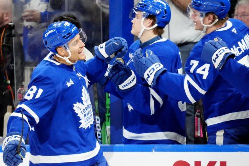 Toronto Maple Leafs' Dakota Joshua (81) celebrates his goal with teammates on the bench during first period NHL hockey action against the Philadelphia Flyers, in Toronto, Monday, March 2, 2026. THE CANADIAN PRESS/Frank Gunn