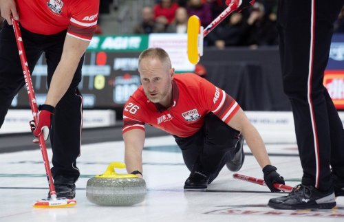 Canada skip Brad Jacobs releases a rock during Draw 5 of the 2026 Montana's Brier in St. John's, N.L., on March 1, 2026. THE CANADIAN PRESS/Paul Daly