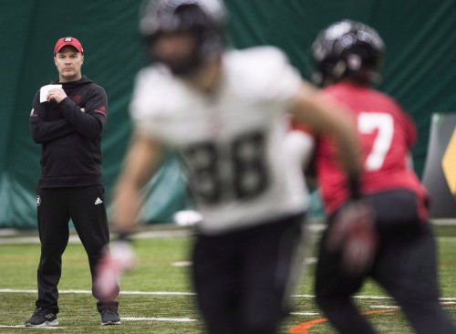 Ottawa Redblacks head coach Rick Campbell, left, runs drills during practice ahead of the106th Grey Cup against the Calgary Stampeders in Edmonton on Friday, November 23, 2018. The THE CANADIAN PRESS/Nathan Denette