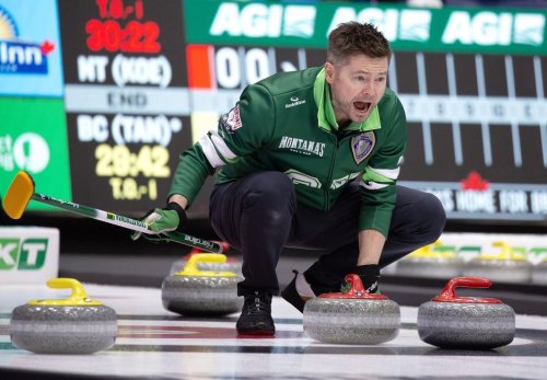 Mike McEwen of Team Saskatchewan-McEwen calls to his team during Draw 14 at the Montana's Brier in St. John's, N.L., on March 4, 2026. THE CANADIAN PRESS/Paul Daly
