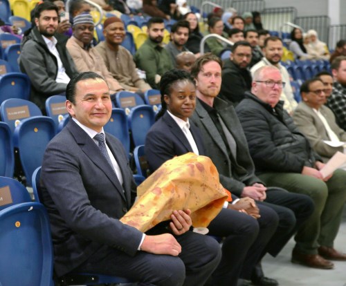 Manitoba Premier Wab Kinew, Deputy Premier Uzoma Asagwara and over 400 people across the city gather Monday evening at the Healthy Living Centre at Brandon University for a community iftar hosted by the Brandon Islamic Centre. (Photos by Abiola Odutola/The Brandon Sun)