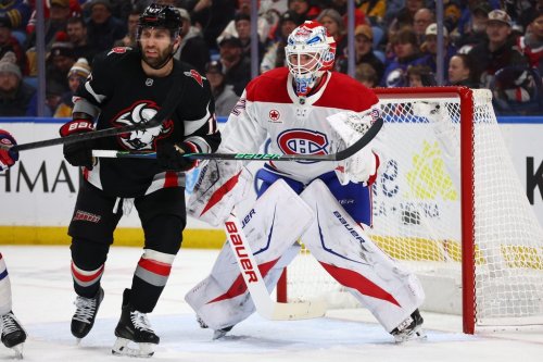 Sabres winger Jason Zucker skates in front of Montreal Canadiens goaltender Jacob Fowler in Buffalo, N.Y., on Thursday, Jan. 15, 2026. (AP Photo/Jeffrey T. Barnes)
