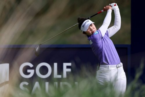 Miyu Yamashita hits a tee shot on the 14th hole during the first round of the Aramco Championship LPGA golf tournament, Thursday, April 2, 2026, in North Las Vegas. (AP Photo/Ian Maule)