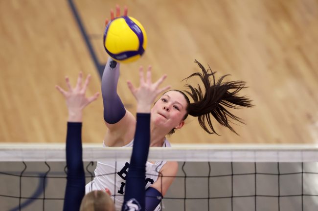 Ashley Sullivan of the 18U Brandon Volleyball Club hammers the ball over the net during BVC’s match against the 18U Providence Jr. Pilots White in the BVC 16U/18U Girls Classic at the Brandon University Healthy Living Centre on Friday. (Tim Smith/The Brandon Sun)