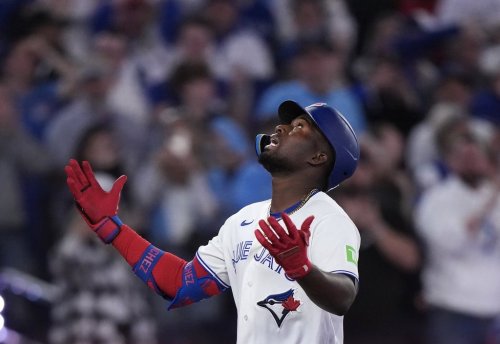 Blue Jays outfielder Jesus Sanchez reacts at home plate after hitting a two-run homer against the Athletics during a Major League Baseball game in Toronto on March 29, 2026. THE CANADIAN PRESS/Nathan Denette