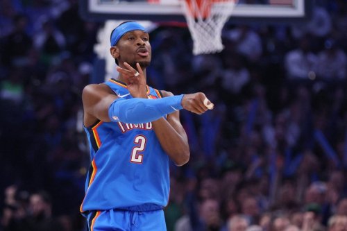 Oklahoma City Thunder guard Shai Gilgeous-Alexander gestures after making a basket during the first half of an NBA basketball game against the Boston Celtics, Thursday, March 12, 2026, in Oklahoma City. (AP Photo/Nate Billings)