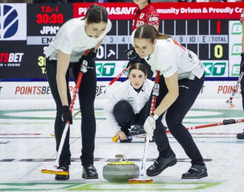 Switzerland skip Xenia Schwaller, centre, makes a shot against Japan as lead Selina Rychiger, left, and third Selina Gafner sweep at the World Women's Curling Championship in Calgary, Saturday, March 14, 2026.  THE CANADIAN PRESS/Jeff McIntosh