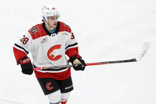 Prince George Cougars defenceman Kaeson Fisher (38) of Brandon makes his second Western Hockey League visit to his hometown for a game against the Brandon Wheat Kings at Assiniboine Credit Union Place on Feb. 24. (Photos by Tim Smith/The Brandon Sun)