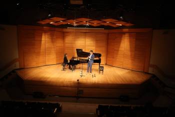 Guest artists Alex Whitehead (right) and Lisa Rumpel perform during the 16th annual Brandon University Clarinet Festival at the Queen Elizabeth II music building on Saturday afternoon. (Abiola Odutola/The Brandon Sun)