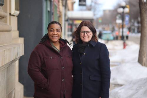 Brandon Chamber of Commerce president Jennifer Ludwig (right) and event co-ordinator Sandra Affun stand in front of the chamber&rsquo;s office on Friday. (Abiola Odutola/The Brandon Sun)