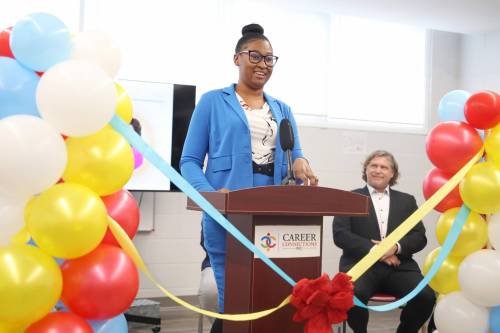 Rushana Davy, executive director of Career Connections Inc., speaks during the launch of their MentorAbility Manitoba program on Thursday. (Tim Smith/The Brandon Sun)