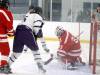 Massey forward Joe Balabanski, who scored the game winning goal in the opening period, searches for a rebound in front of the Huskies net as netminder Nicolas McDuff makes a save during Game 1 of the Westman High School Hockey League playoff quarterfinals at the Sportsplex on Sunday night. (Massimo De Luca-Taronno/The Brandon Sun)