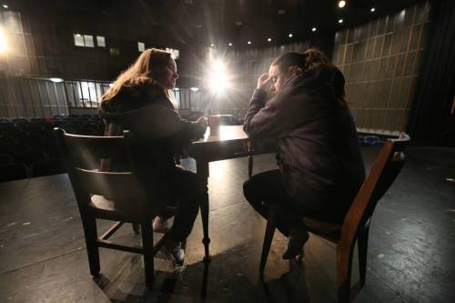 Alycia Oleson (left), a fourth-year drama student at Brandon University, sits on stage at a table with third-year Bachelor of Arts student Rebecca Porteous, during rehearsal for a 10-minute play that Oleson wrote called &ldquo;No Attachments.&rdquo; The performance is one of 14 mini-plays that will take the stage today at BU&rsquo;s Evans Theatre, starting at 5 p.m. Admission is free.