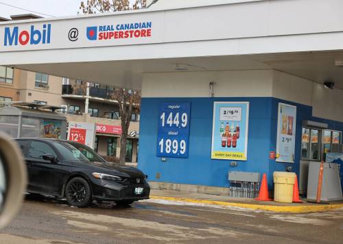 The Mobil gas station on Victoria Avenue displays its diesel and regular fuel prices on Saturday. (Abiola Odutola/The Brandon Sun)