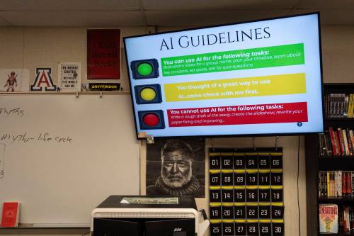 A screen displays guidelines for using artificial intelligence in Casey Cuny&rsquo;s English class at a high school in Santa Clarita, Calif., in August 2025. Brandon University professor Jonathan Allan writes that when it comes to determining acceptable uses for AI, &ldquo;a solution that outright bans the use of AI is naive at best, cruel at worst.&rdquo; (The Associated Press files)