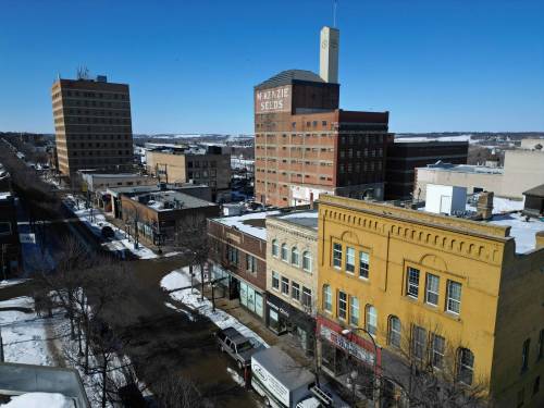 An aerial view of downtown Brandon on Wednesday afternoon. Break and enter calls for service in the downtown area dropped to 49 in 2025 from 84 the previous year, according to Brandon police. (Tim Smith/The Brandon Sun)