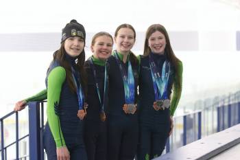 Westman Speed Skating Club members Hayden Dietrich Pulleyblank, Sophia Forbes, Zoe Forbes and Madelyn Nairn pose at the Sportsplex with the medals they won at the recent Manitoba Winter Games in Thompson. (Perry Bergson/The Brandon Sun)