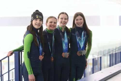Westman Speed Skating Club members Hayden Dietrich Pulleyblank, Sophia Forbes, Zoe Forbes and Madelyn Nairn pose at the Sportsplex with the medals they won at the recent Manitoba Winter Games in Thompson. (Perry Bergson/The Brandon Sun)