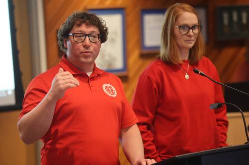 Andy and Michelle Depner of Caregiver Advocates for Literacy Equity present three requests aimed at improving early literacy outcomes for students to the Brandon School Division board of trustees at its Monday meeting. (Abiola Odutola/The Brandon Sun)