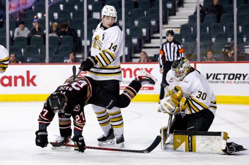 Brandon Wheat Kings goaltender Filip Ruzicka (30) makes a save as defenceman Grayson Burzynski (14) and Calgary Hitmen forward Julien Maze (27) during Game 2 of their Western Hockey League quarterfinal series at Scotiabank Saddledome on Sunday. Maze had a goal and five assists as Calgary won 6-5 in overtime. (Jenn Pierce/Calgary Hitmen)
                                March 29, 2026