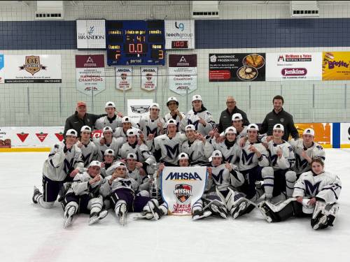 The Vincent Massey Vikings pose after claiming their third straight Westman High School Hockey League championship after edging the Dauphin Clippers 3-2 in Game 3 of their best-of-three final at the Sportsplex on Monday night. (Submitted)