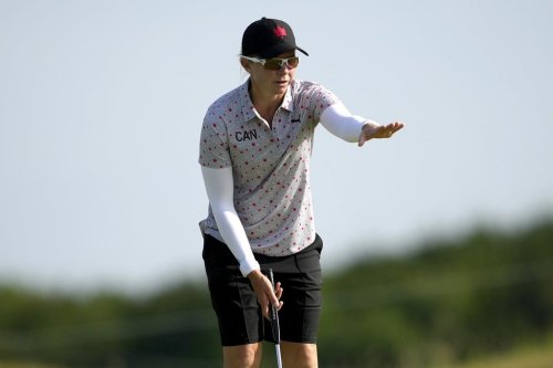 Canada's Alena Sharp watches her putt during a practice round for the women's golf event at the 2024 Summer Olympics on Aug. 6, 2024, at Le Golf National in Saint-Quentin-en-Yvelines, France. (AP Photo/Matt York)