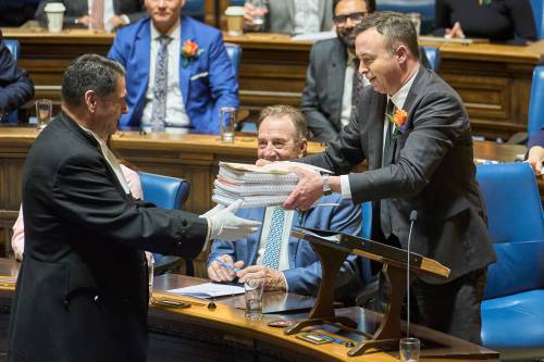 Manitoba Finance Minister Adrien Sala delivers Budget 2026 at the legislature in Winnipeg on Tuesday. (The Canadian Press)