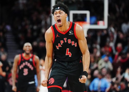 Toronto Raptors' Scottie Barnes (4) celebrates against the Phoenix Suns during second half NBA basketball action in Toronto on Friday, March 13, 2026. THE CANADIAN PRESS/Frank Gunn