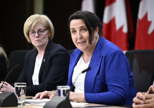Justice Lise Maisonneuve, who will lead the Future of Sport in Canada Commission, participates in a news conference with Minister of Sport and Physical Activity Carla Qualtrough, at the National Press Theatre in Ottawa, on Thursday, May 9, 2024. THE CANADIAN PRESS/Justin Tang