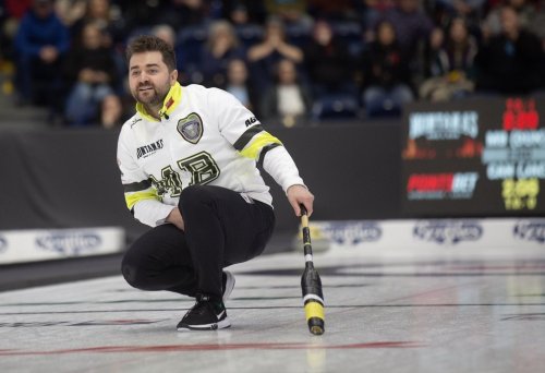 Matt Dunstone, skip of Team Manitoba-Dunstone, watches his last stone of the 10th End during the semifinal against Team Canada at the Montana's Brier Canadian men's curling championship, in St. John's, N.L., on Sunday, March 8, 2026. THE CANADIAN PRESS/Paul Daly