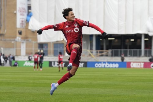 Toronto FC's Daniel Salloi (20) celebrates scoring his team's opening goal during first half MLS action against the New York Red Bulls in Toronto on March 14, 2026. THE CANADIAN PRESS/Chris Young
