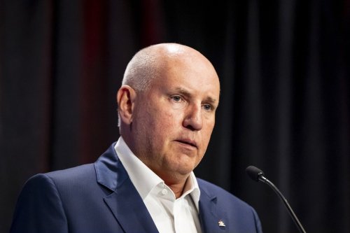 Doug Armstrong, general manager of Canada’s men’s Olympic hockey team, gives remarks before naming the roster for the 2026 Winter Games at a news conference in Minneapolis on Dec. 31, 2025. THE CANADIAN PRESS/Christopher Katsarov