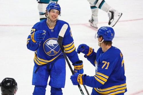 Buffalo Sabres right wing Jack Quinn, left, celebrates his goal with centre Ryan McLeod (71) during the third period of an NHL hockey game against the San Jose Sharks, Tuesday, March 10, 2026, in Buffalo, N.Y. (AP Photo/Jeffrey T. Barnes)