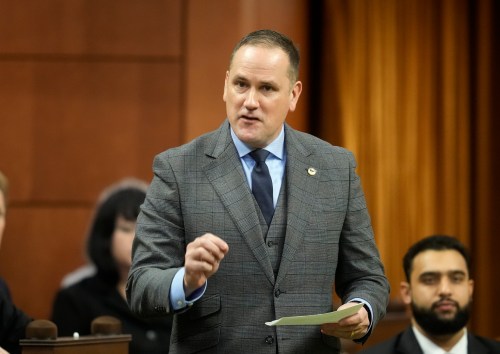 MP for Okanagan Lake West-South Kelowna Dan Albas rises during question period on Parliament Hill in Ottawa on Friday, Nov. 21, 2025. THE CANADIAN PRESS/Adrian Wyld