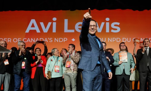 Avi Lewis, who was proclaimed as the new leader of the NDP, celebrates at the party convention in Winnipeg Sunday, March 29, 2026.   THE CANADIAN PRESS/John Woods