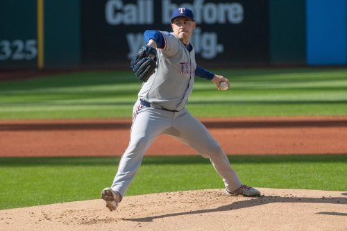 Texas Rangers starting pitcher Patrick Corbin delivers a pitch against the Guardians during a Major League Baseball game on Sept. 28, 2025, in Cleveland. (AP Photo/Phil Long)