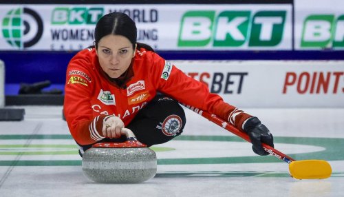 Team Canada skip Kerri Einarson delivers a stone against China at the World Women’s Curling Championship in Calgary, Sunday, March 15, 2026. THE CANADIAN PRESS/Jeff McIntosh
