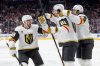 Vegas Golden Knights' Ivan Barbashev (49), Mark Stone (61) and Noah Hanifin (15) celebrate a goal against the Edmonton Oilers during third period NHL action, in Edmonton on Saturday, April 4, 2026. THE CANADIAN PRESS/Jason Franson